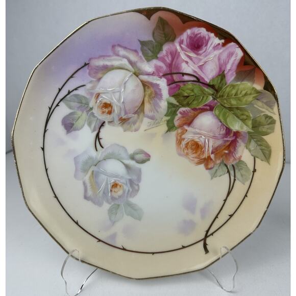 RS Prussia Other - Royal Rudolstadt Prussia Hand Painted Plate Roses Gold rimmed 8.5"